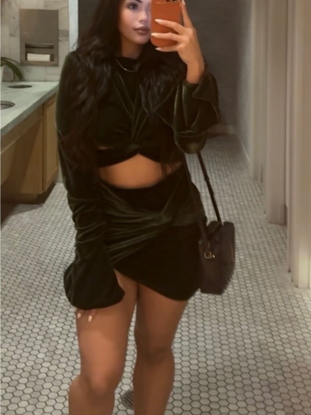 PrettyLittleThing Dark Green Velvet Twist Mini Skirt